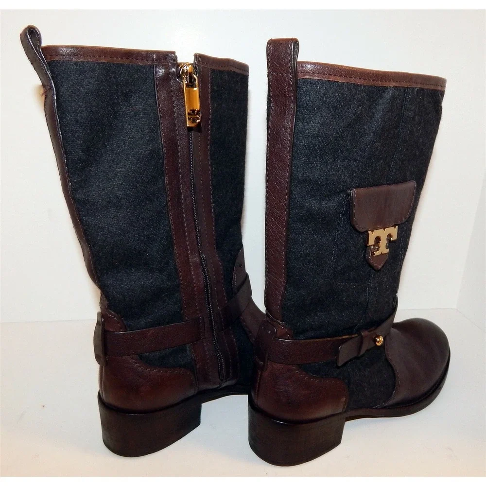Tory Burch‎ Leona Black Flannel Brown Leather Zip Boots 7M